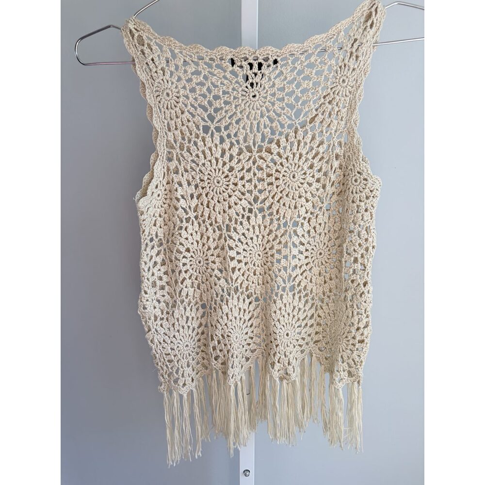 INC International Concepts Cream Crochet Fringe Knit Tank Boho XS